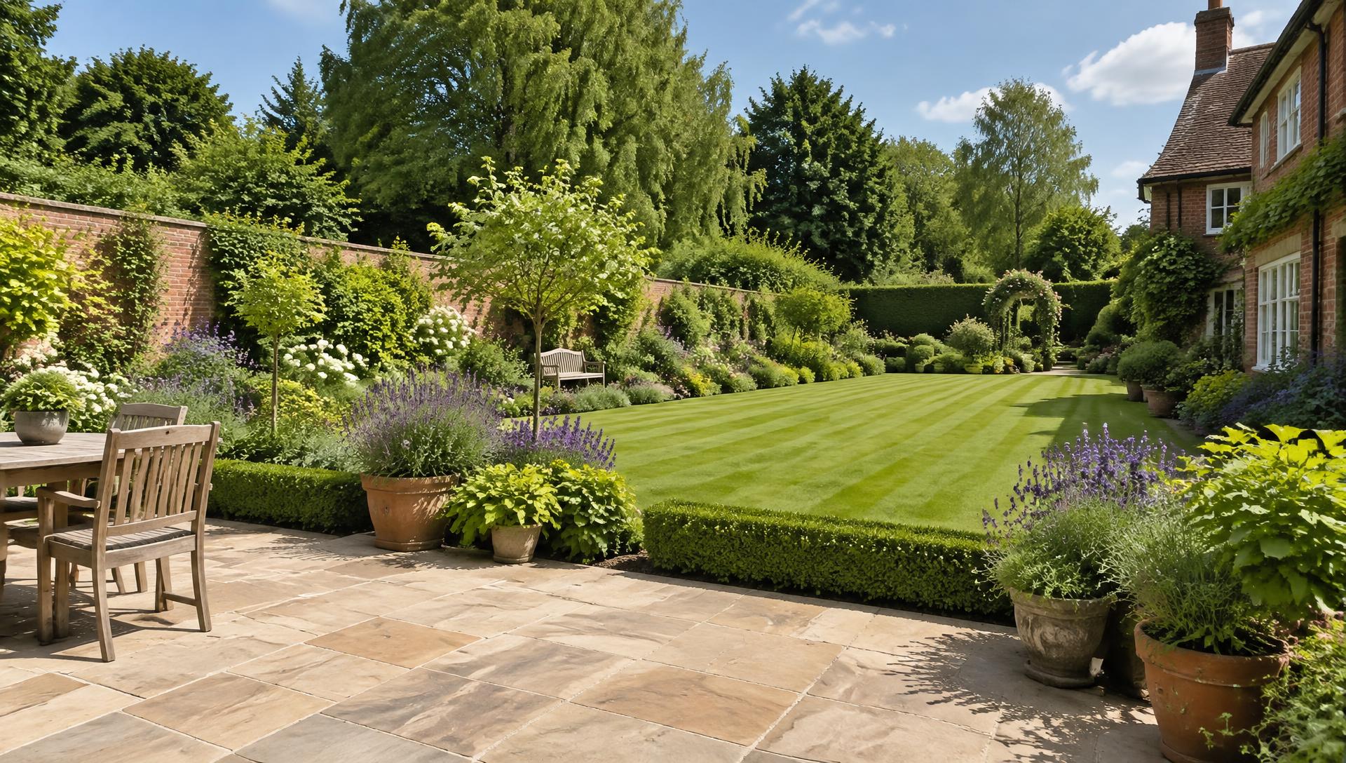 Landscaped English garden with a natural stone patio, striped lawn and planted borders