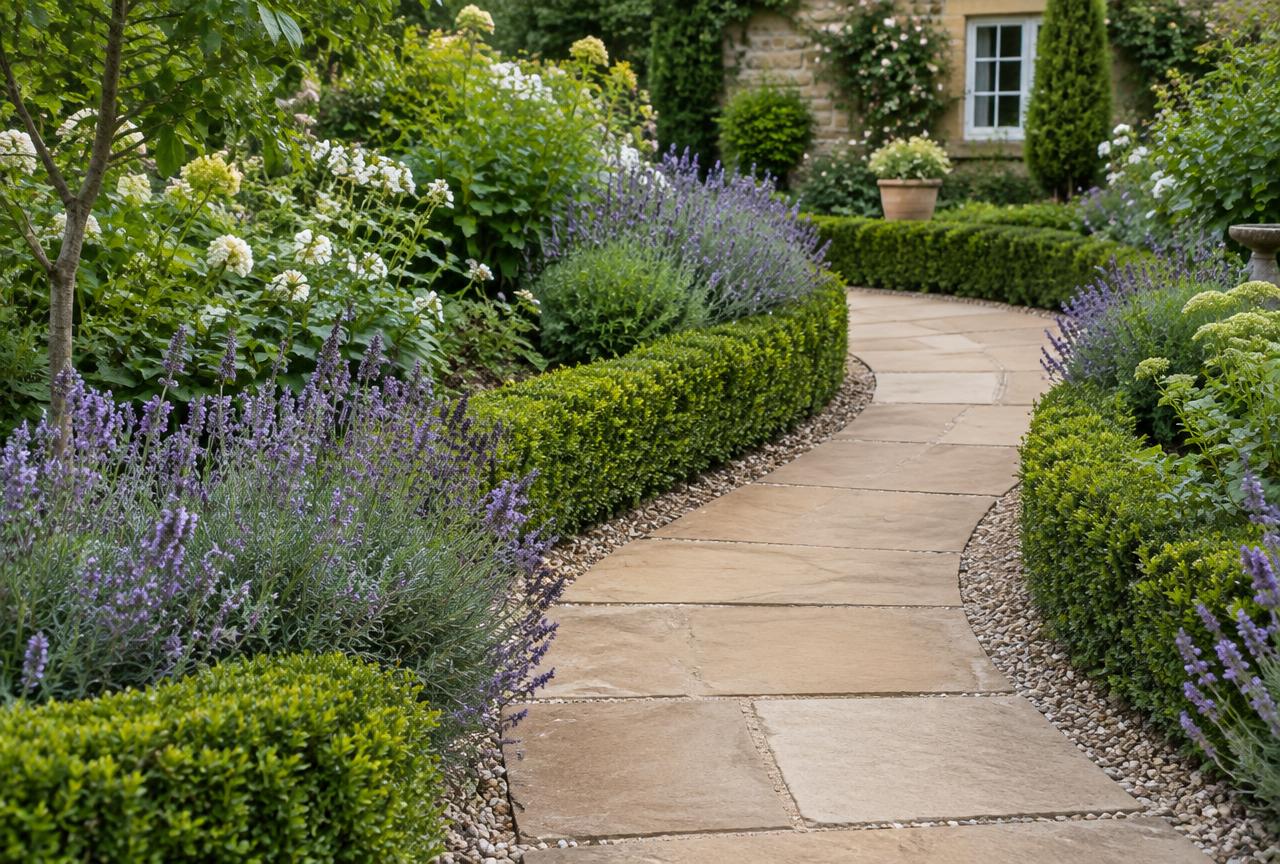 Curving sandstone garden path with gravel edging between clipped box hedging and lavender
