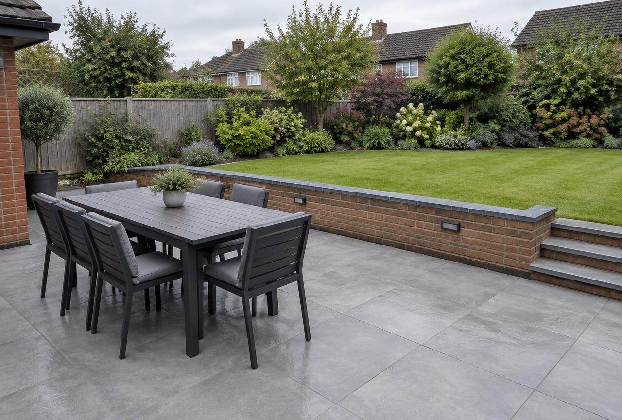 Finished grey porcelain patio with outdoor dining furniture in a British back garden