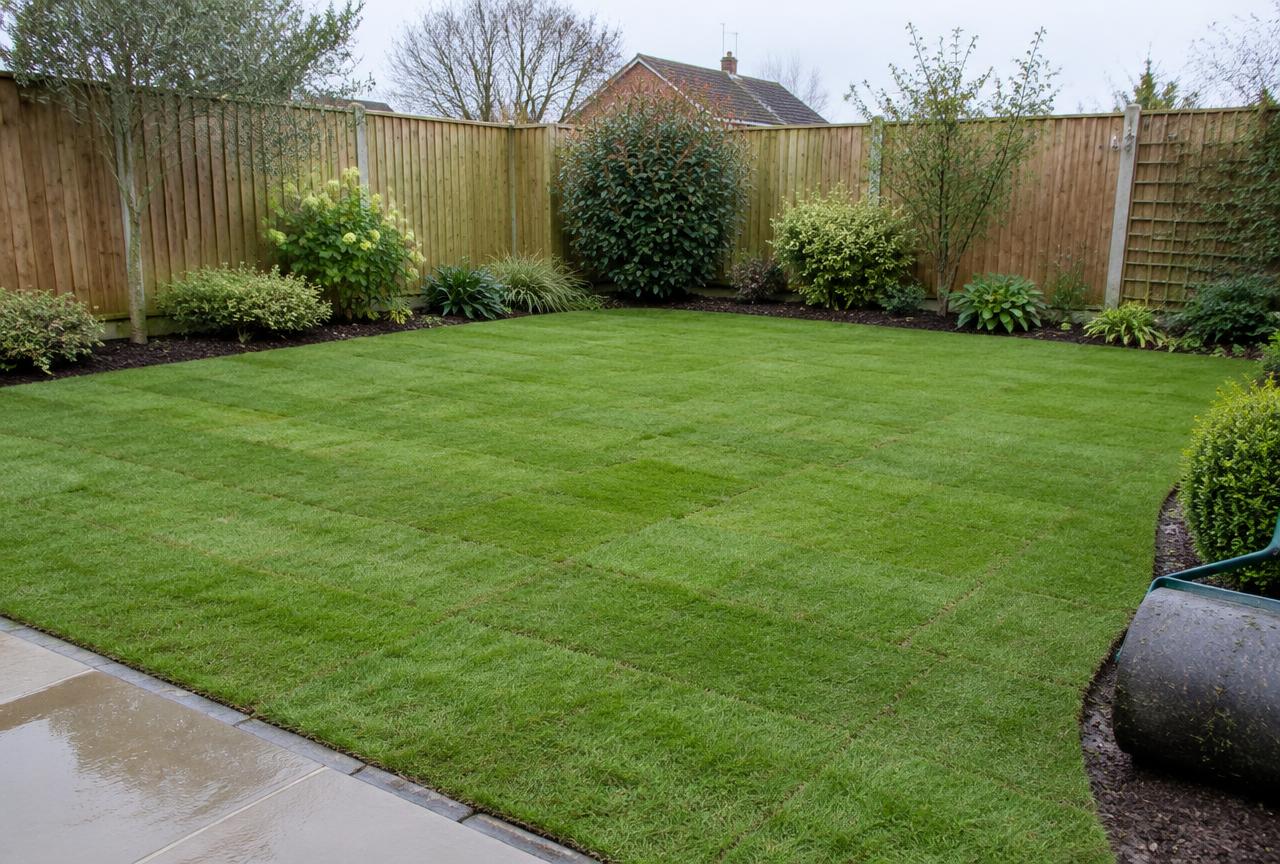 Freshly laid turf lawn in a British back garden with borders and fencing behind